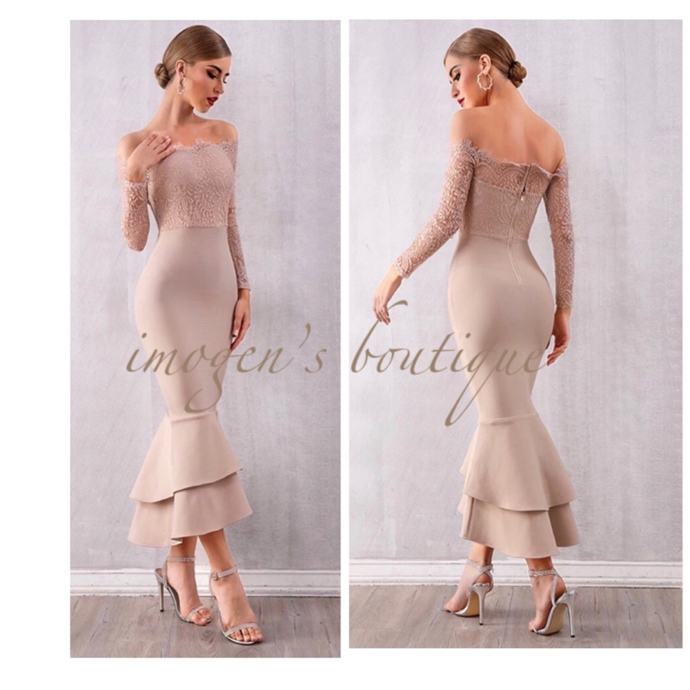 NWT beige bandage champagne mink & lace mermaid crochet ruffle hem maxi dress
